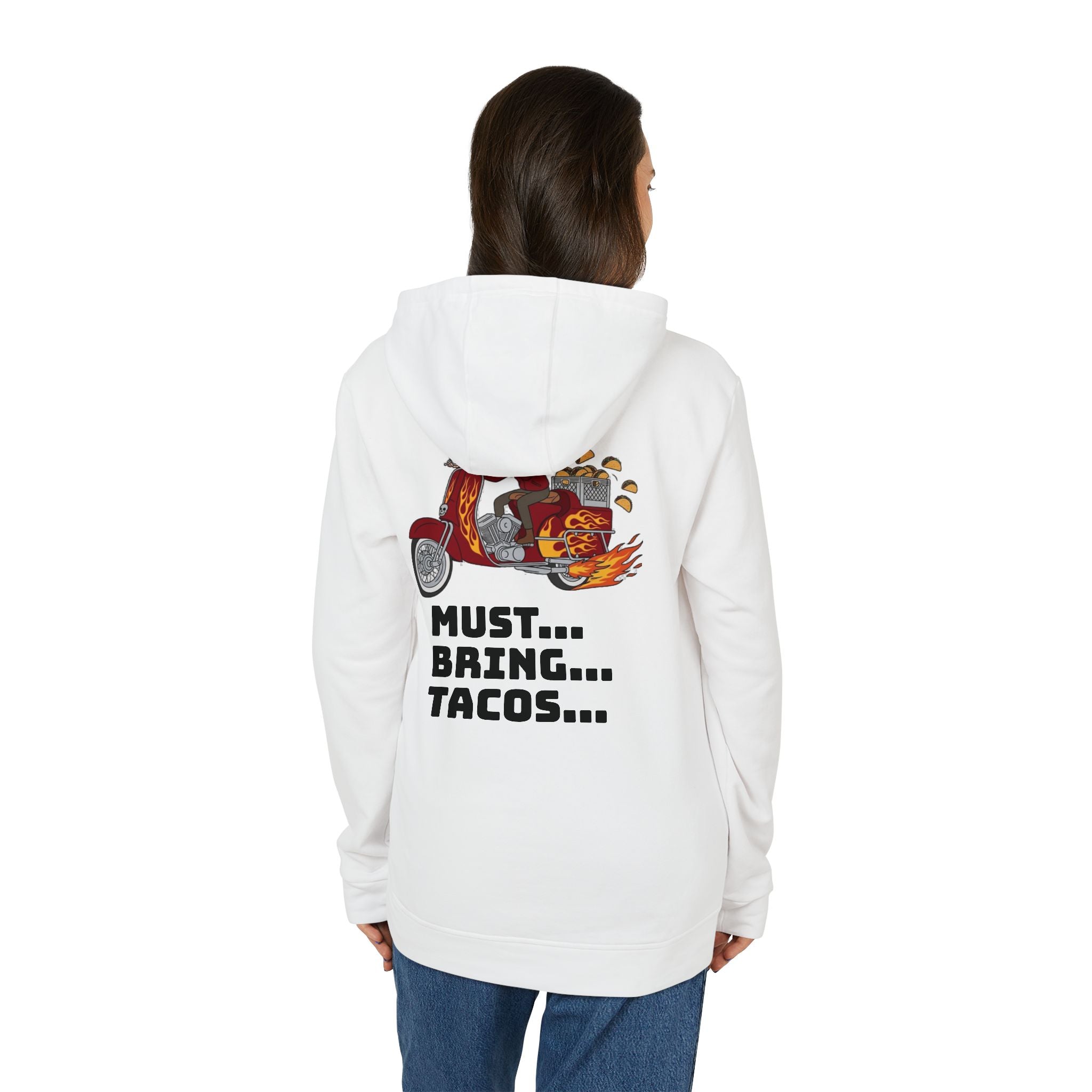 Taco Scooter Hoodie — "Must... Bring... Tacos..." Graphic Pullover